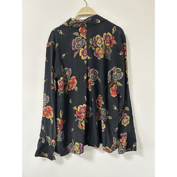 Coldwater Creek Silk Blouse Top Shirt Button Black Floral Medium Long Sleeve - Picture 6 of 10